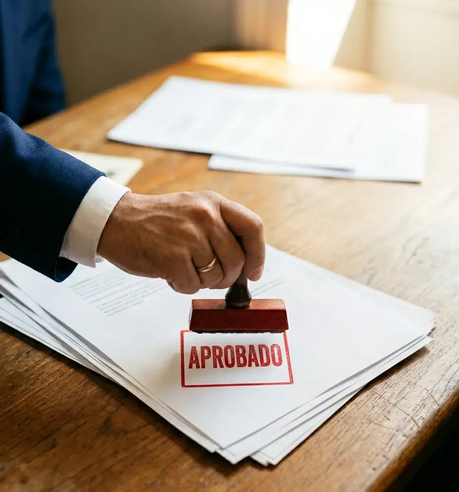 Sello de aprobación sobre expediente de licencia de actividad concedida en Madrid
