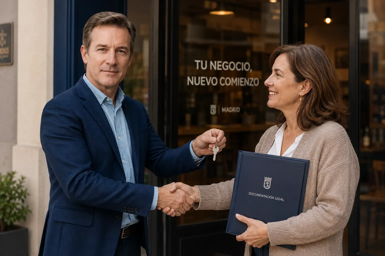 Traspaso de negocio y entrega de llaves durante el cambio de titularidad de una licencia de actividad en Madrid